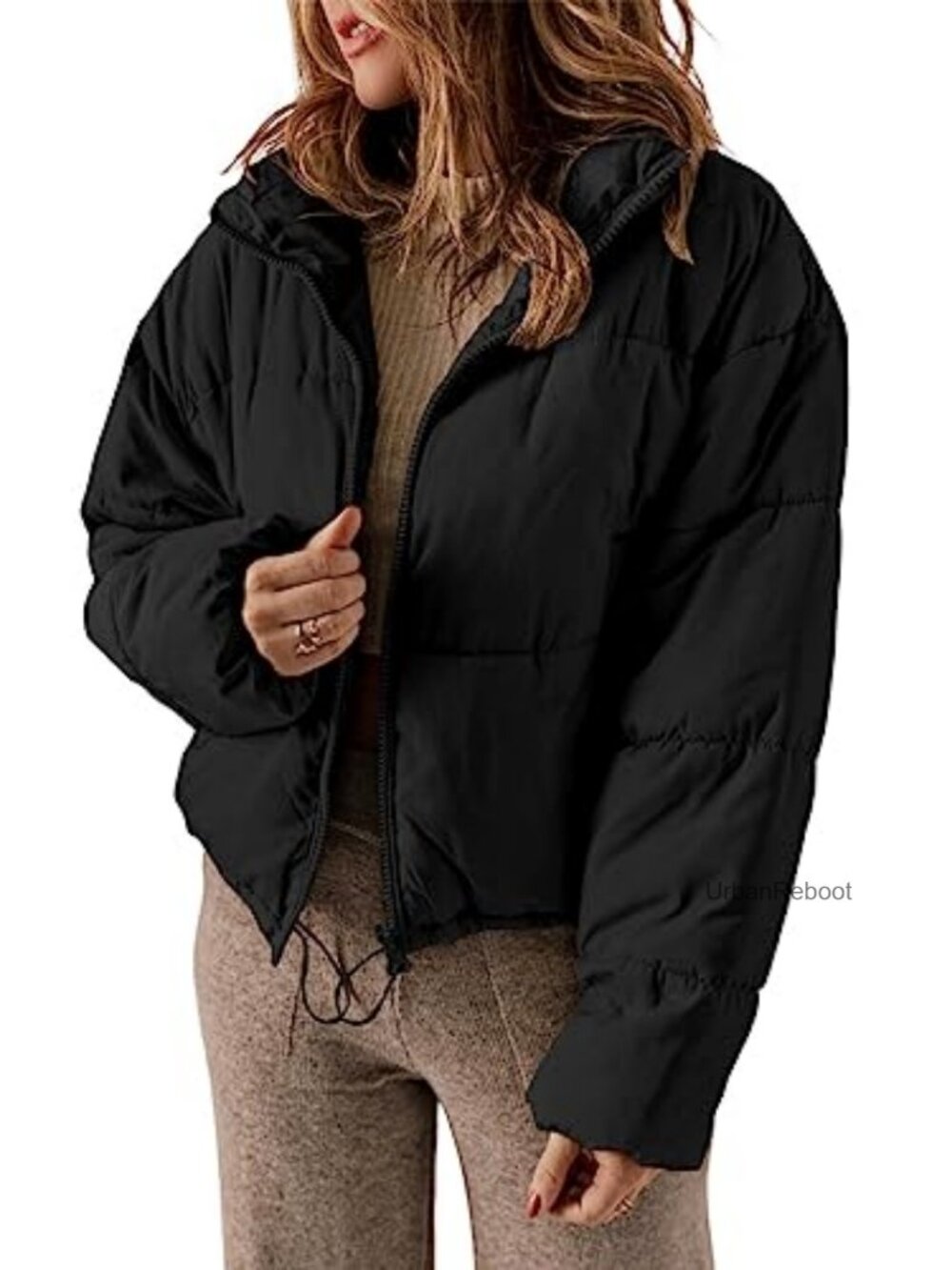 Quilted Puffer Jacket Long Sleeve Full Zip Loose Fit Women's Coat